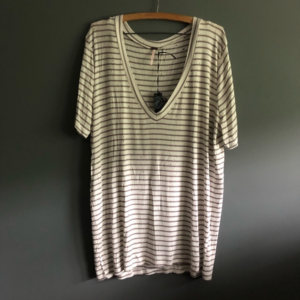Poof! Plus Size V-Neck White & Grey Distressed Tee